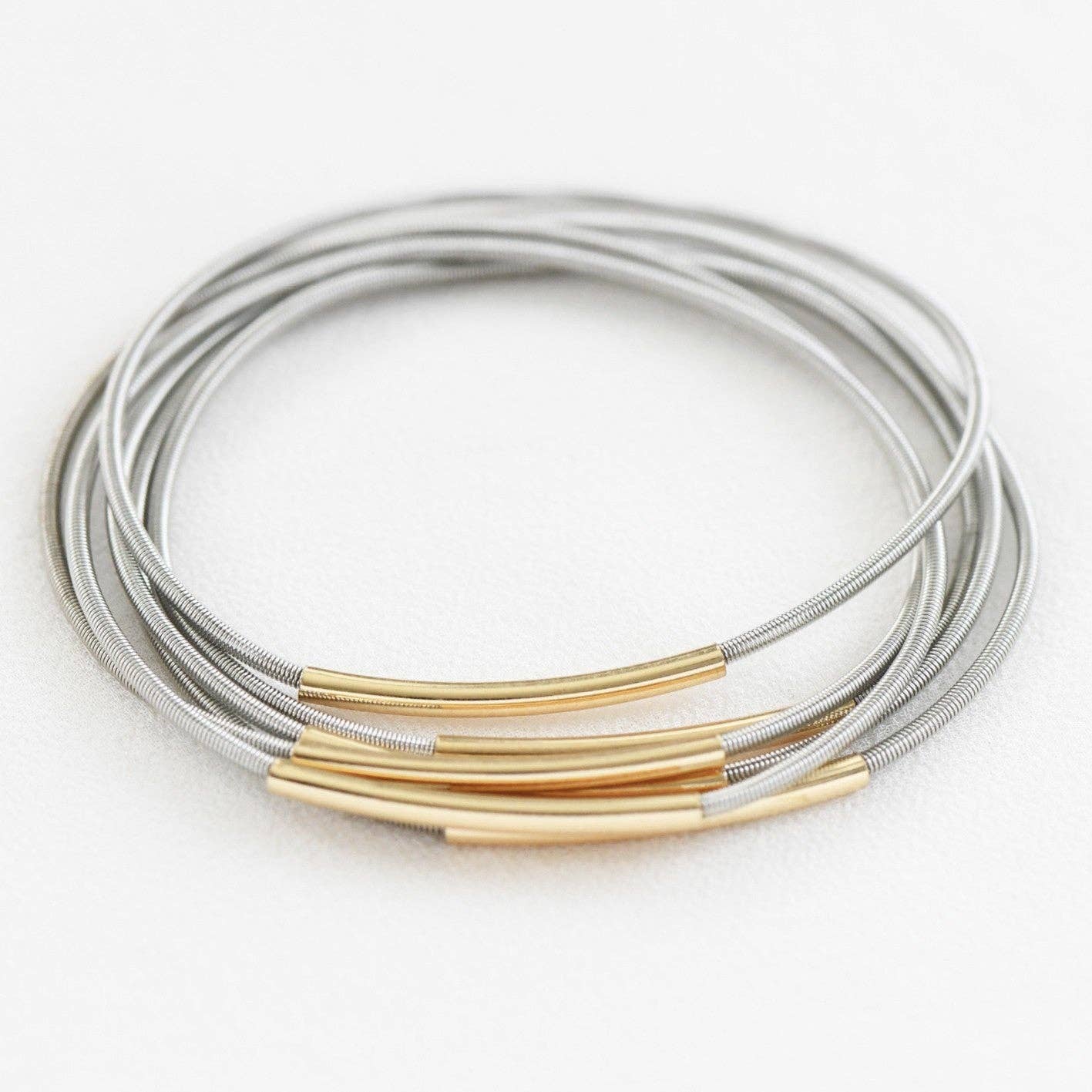 Stretchy Layered Guitar String Bracelet w/Metallic Bar Set