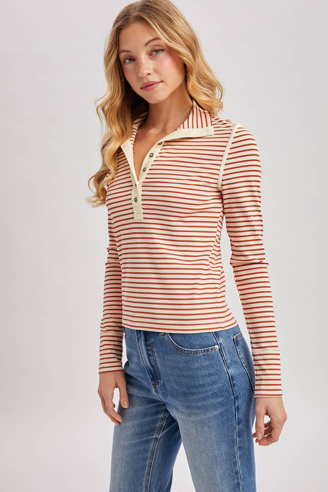 Striped Button-Down Henley Knit Top