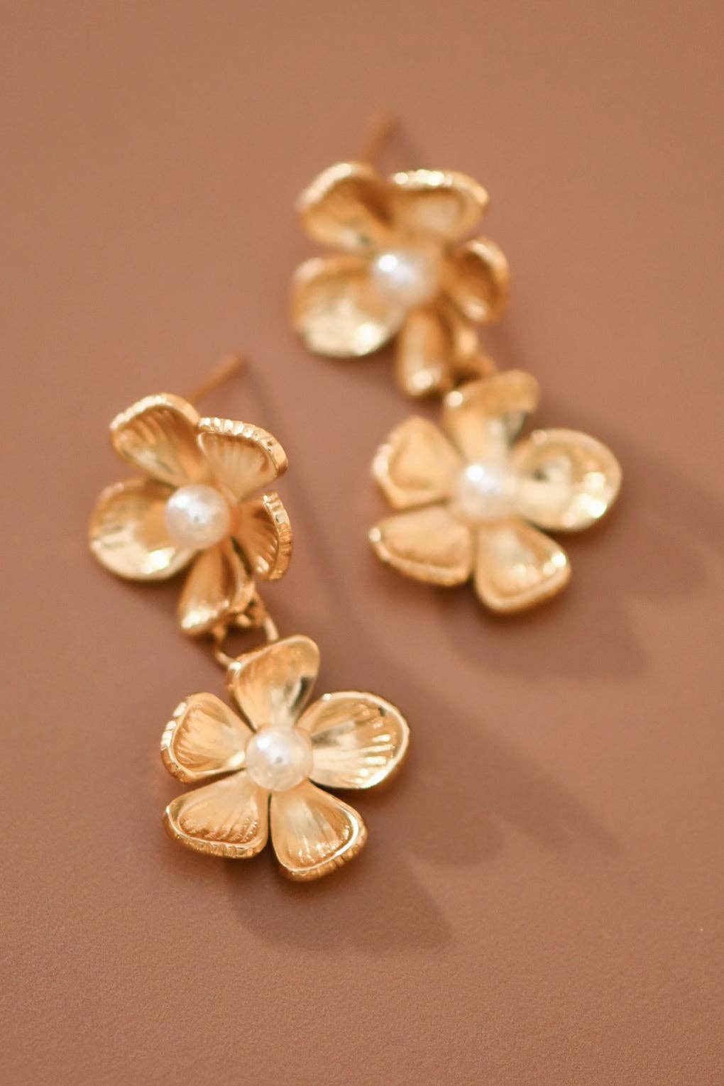 18K Gold Plated Stainless Steel Pearl Floral Drop Earrings