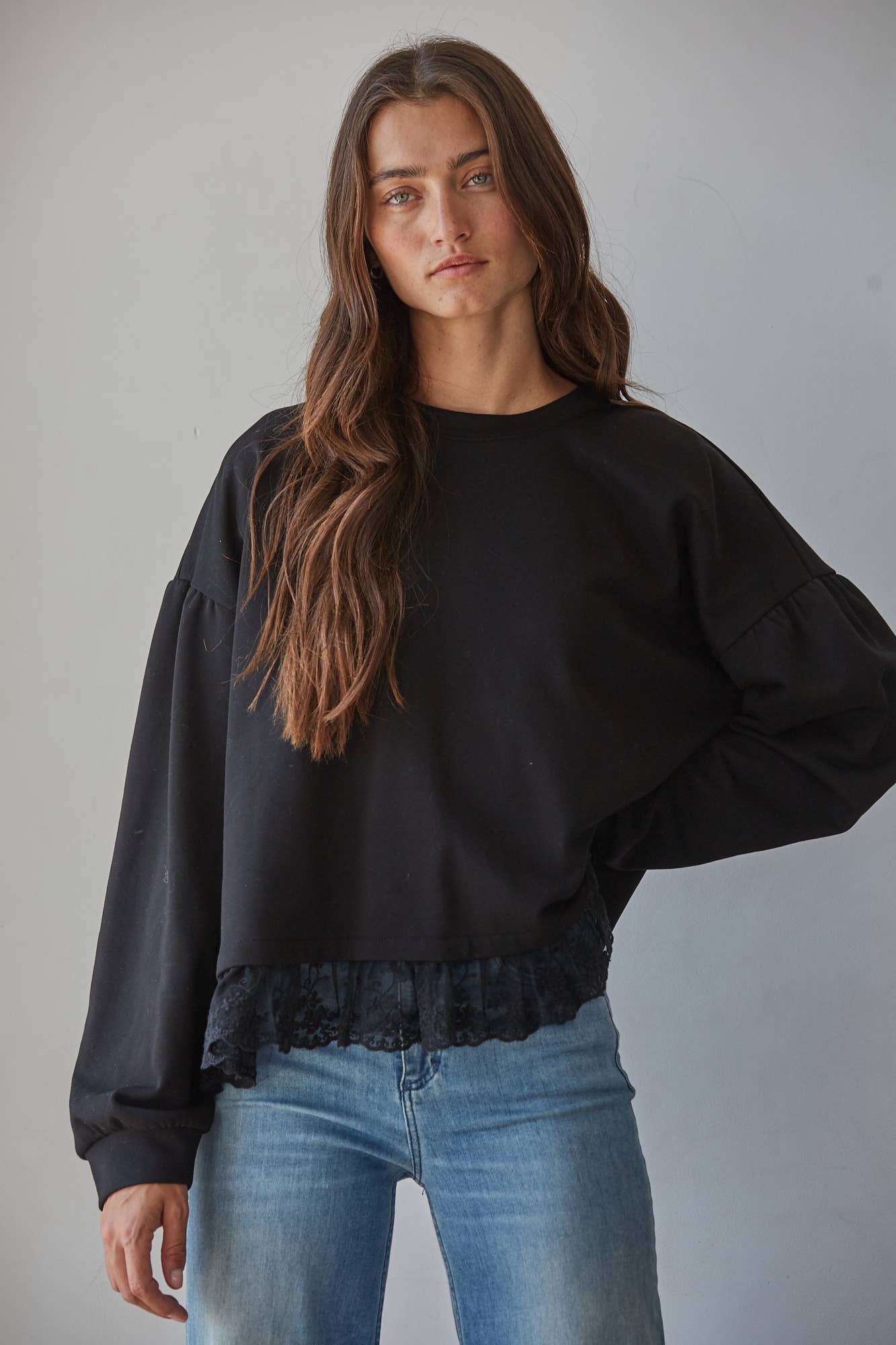 Knit Cotton Crew Neck Long Sleeve Pullover Top