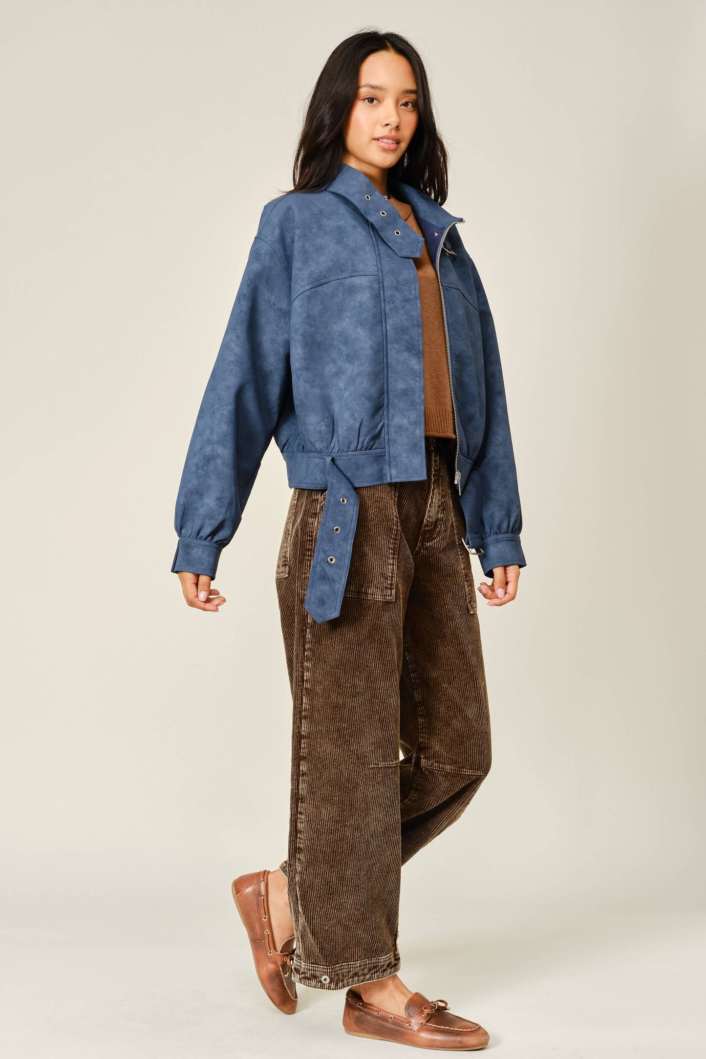 Vintage Vegan Leather Belted Bomber Jacket