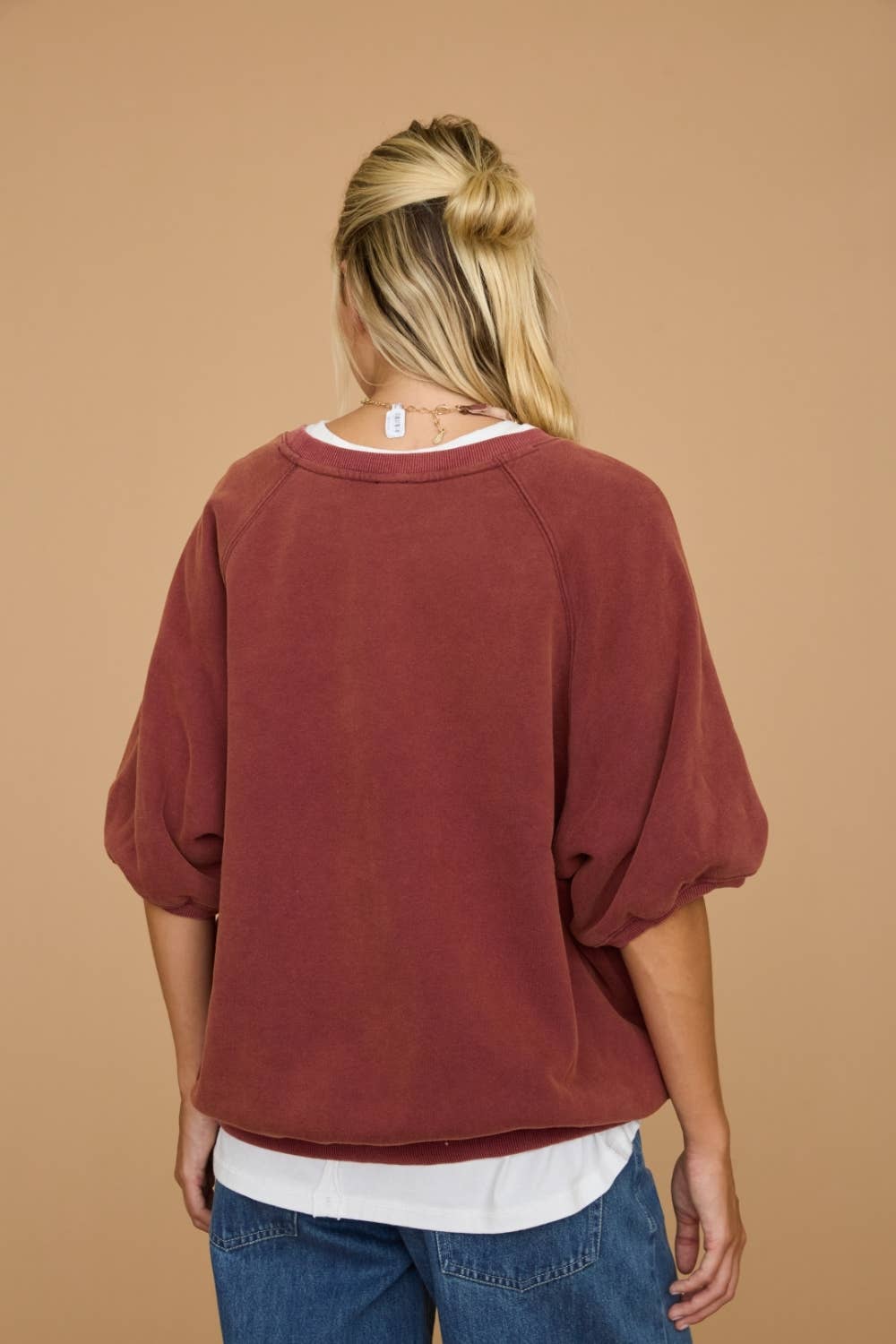 Washed Short Puff Sleeve Pullover Sweatshirt