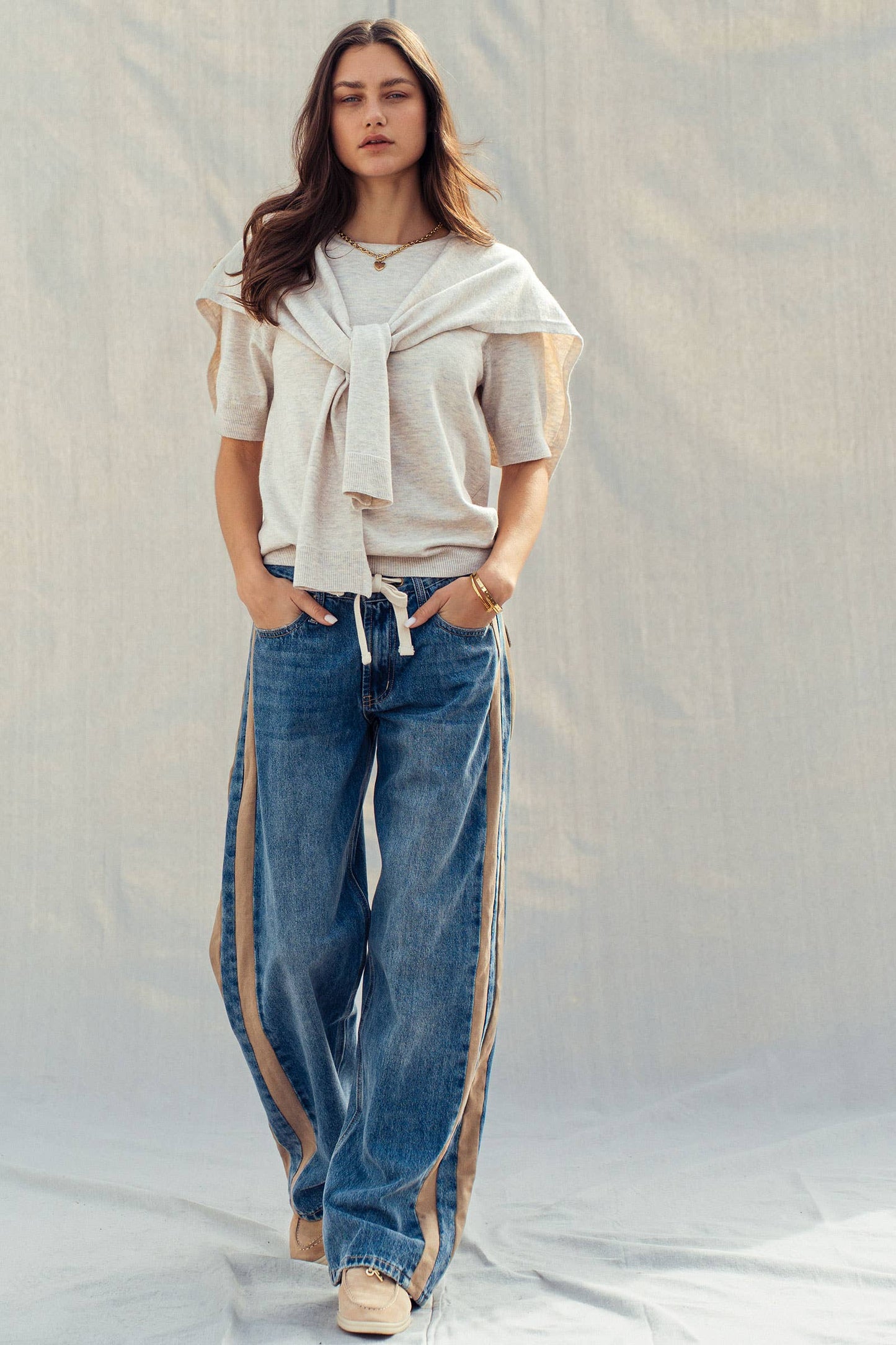 Slouchy Relaxed Wide-Leg Utility Stripe Denim Jeans