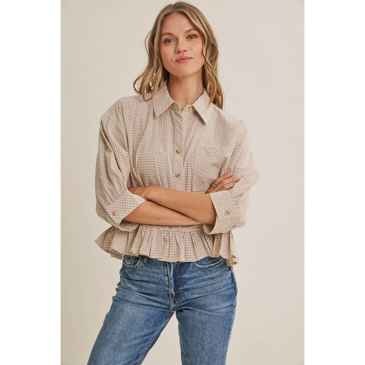Morning Oat Micro Check Ruffle Hem Button-Down Shirt