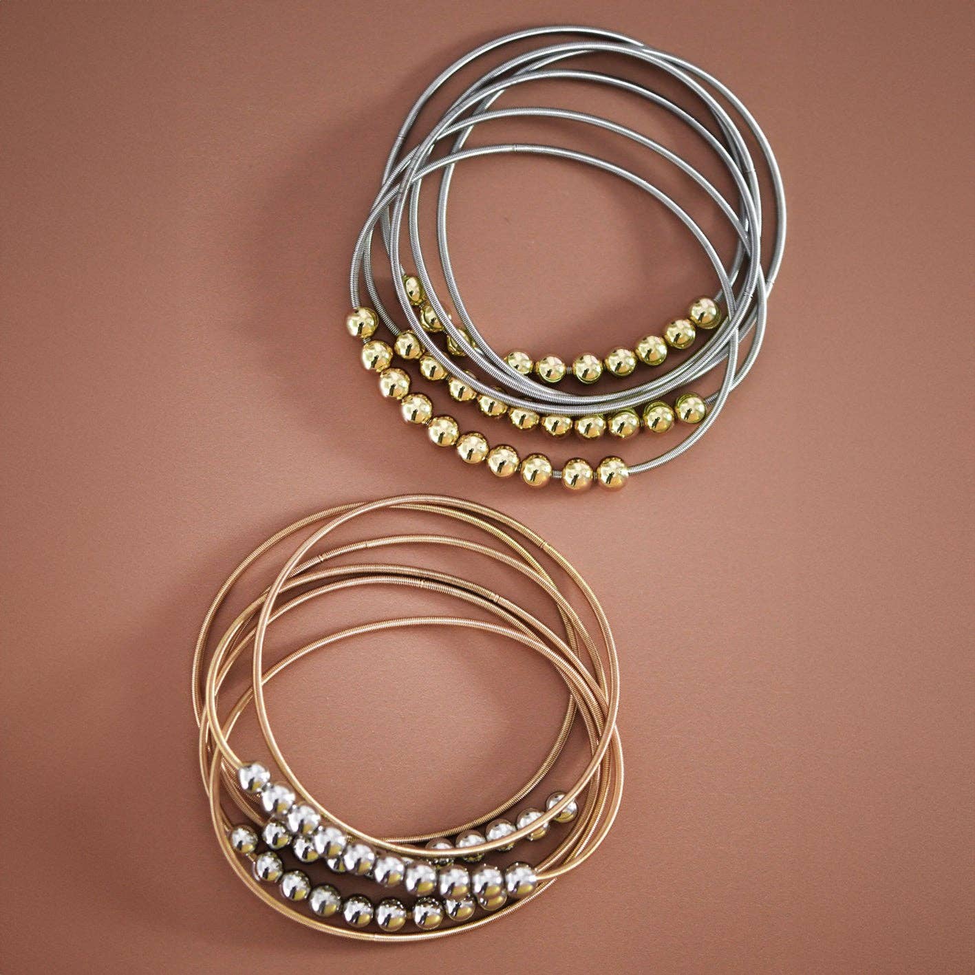 Boho Layered Spring Coil Guitar String Bracelet w/Metallic Beads Set