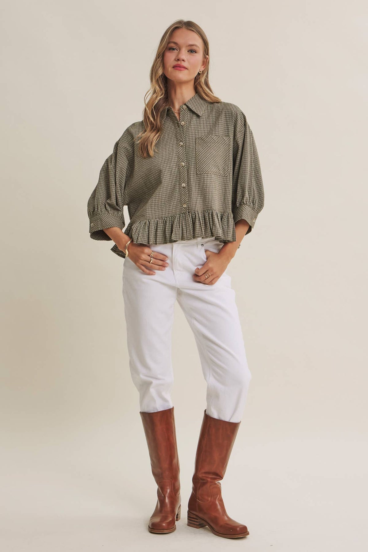 Morning Oat Micro Check Ruffle Hem Button-Down Shirt