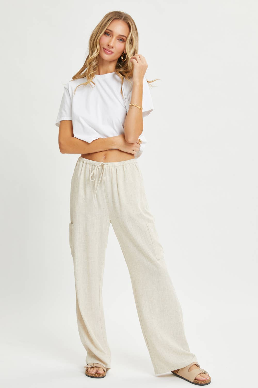 Linen Blend Pull On Drawstring Pants in Oatmeal