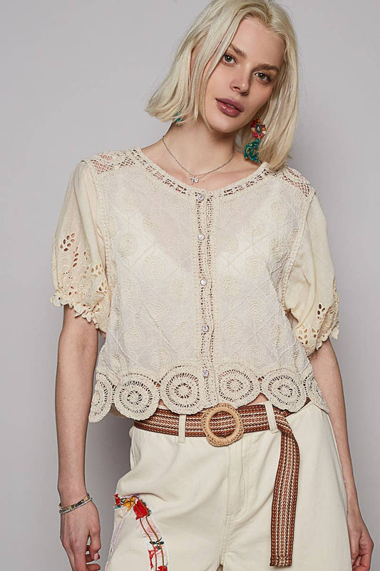 Vintage-Inspired Floral Embroidered Top – Antique Ivory