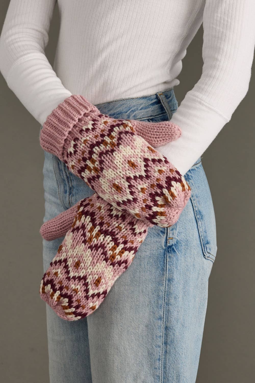 Pink, Ivory & Rust Patterned Mittens