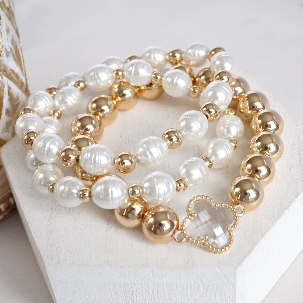 Beads & Clover Charm Statement Bracelet Stack