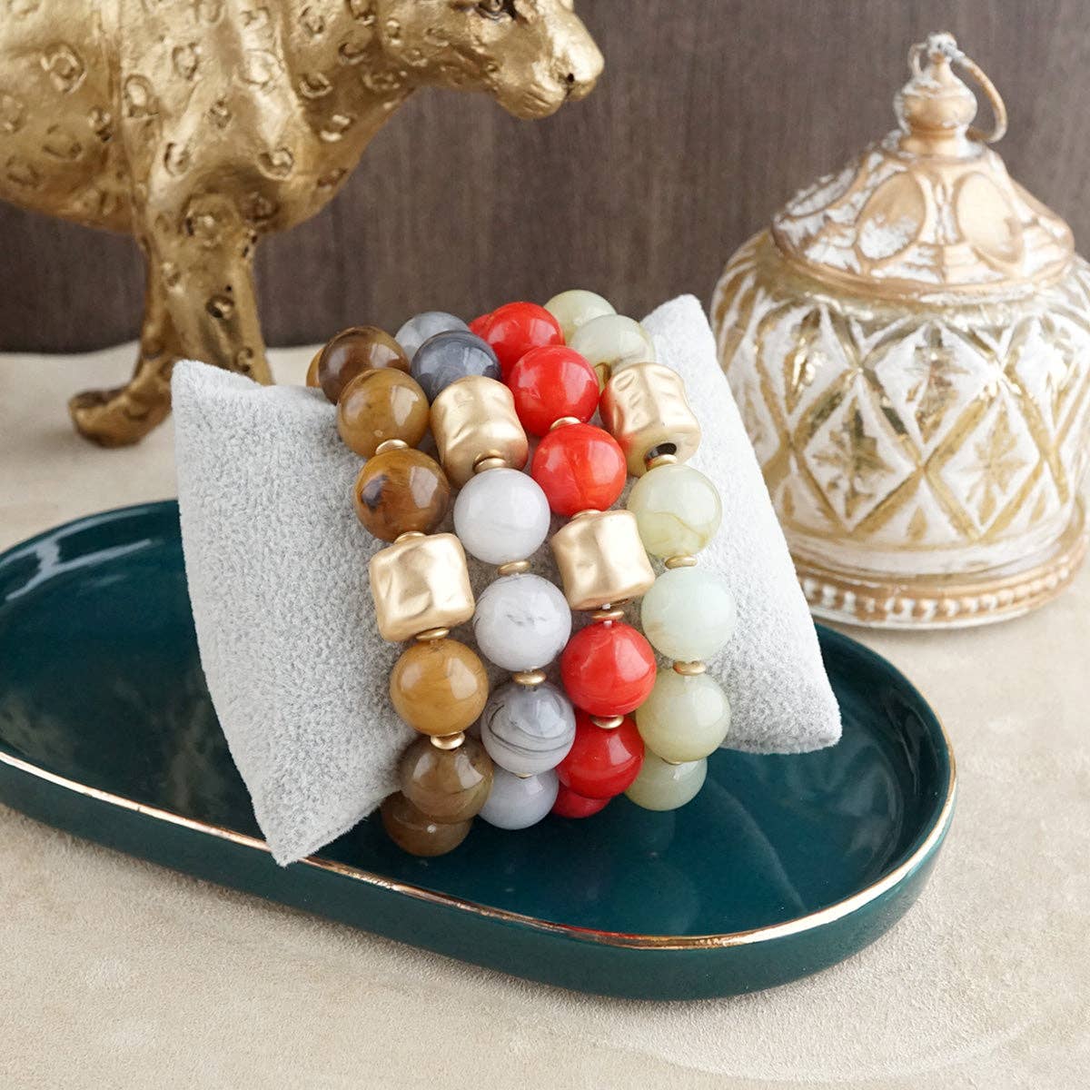 Chunky Beaded Statement Bracelets Gold Red Brown Green Gray