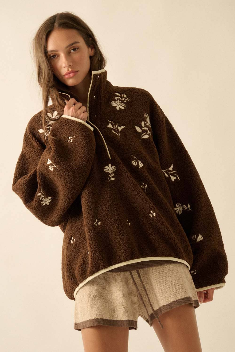Floral-Embroidered Fleece Half-Snap Pullover