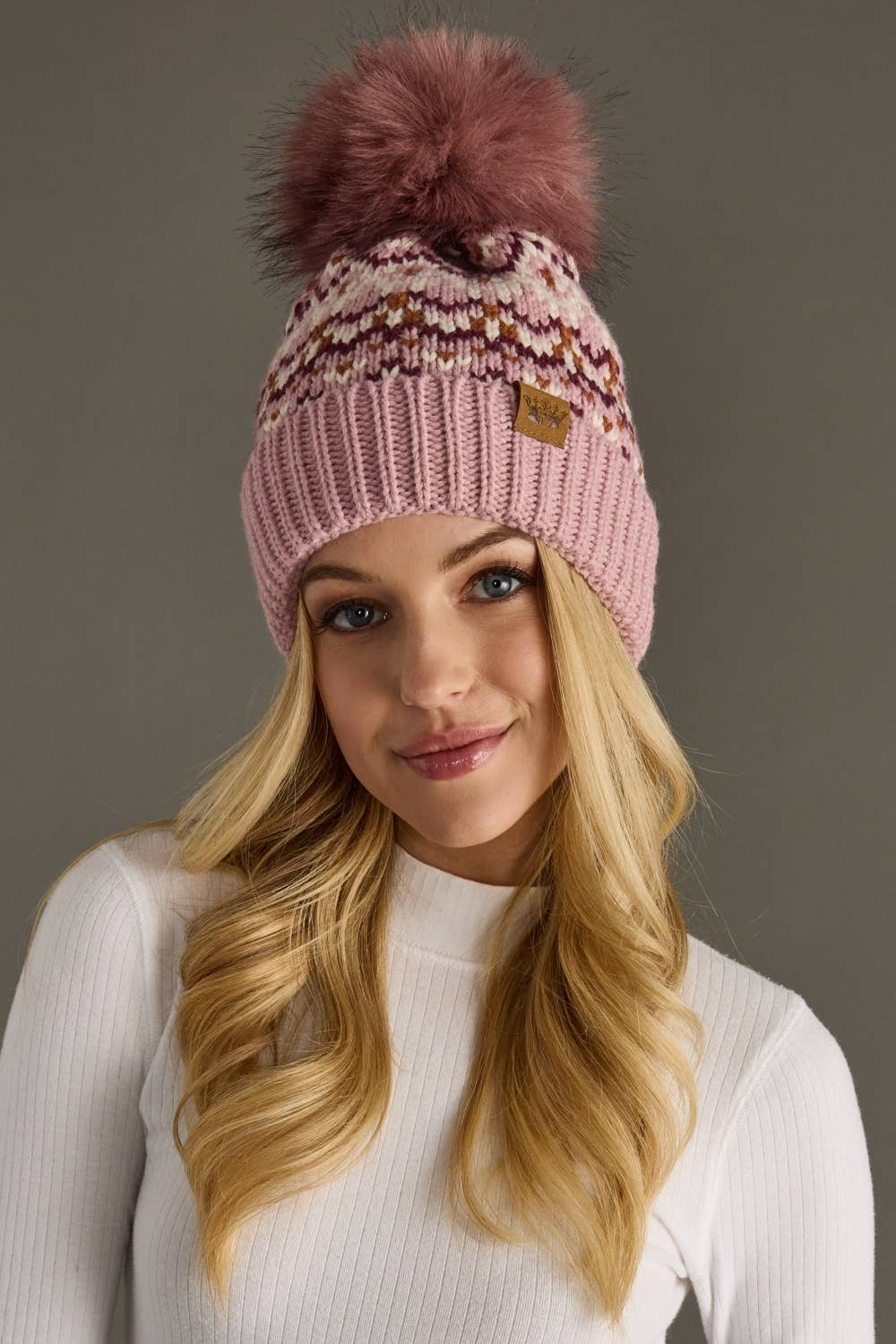 Pink, White & Rust Patterned Pom Hat