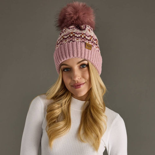 Pink, White & Rust Patterned Pom Hat
