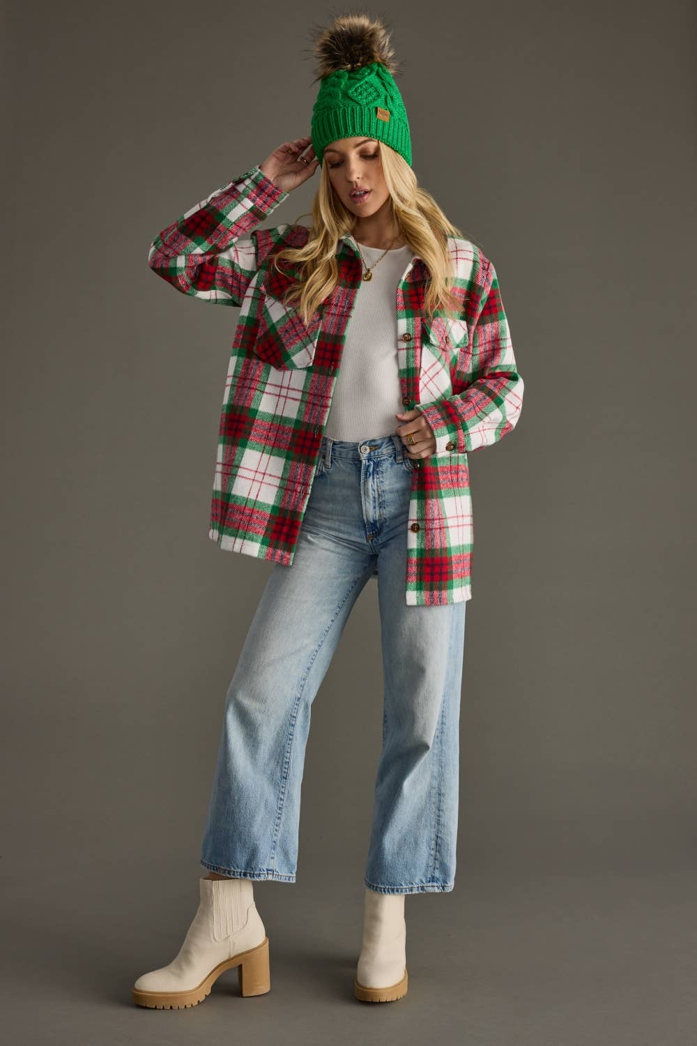 Festive Red, Green &amp; White Plaid Shirt Jacket