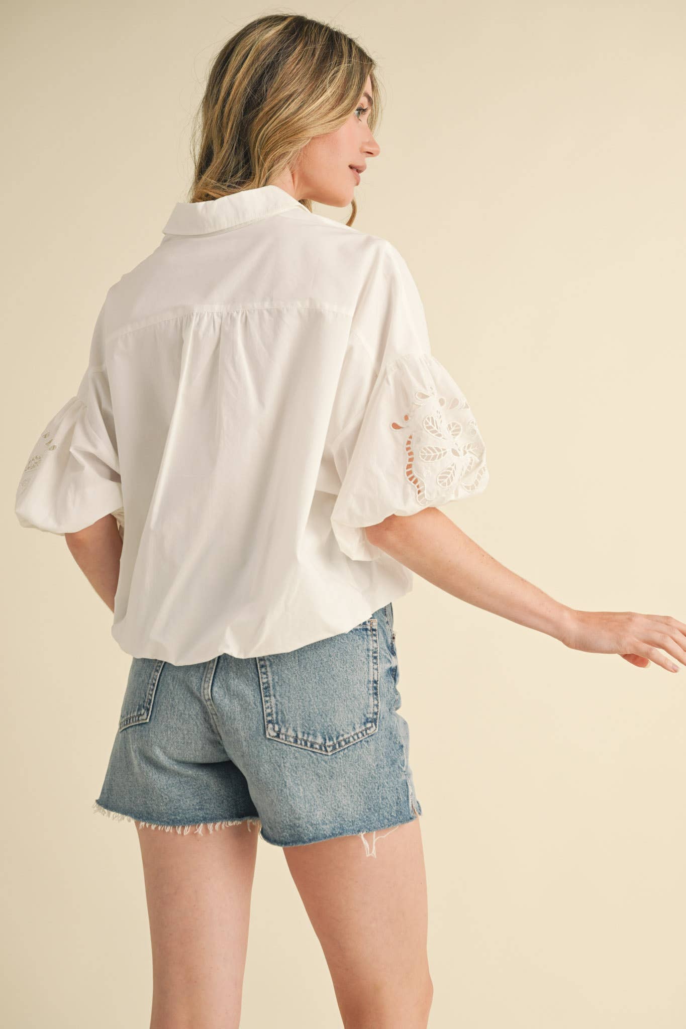 Eyelet Embroidered Bubble Sleeve Top