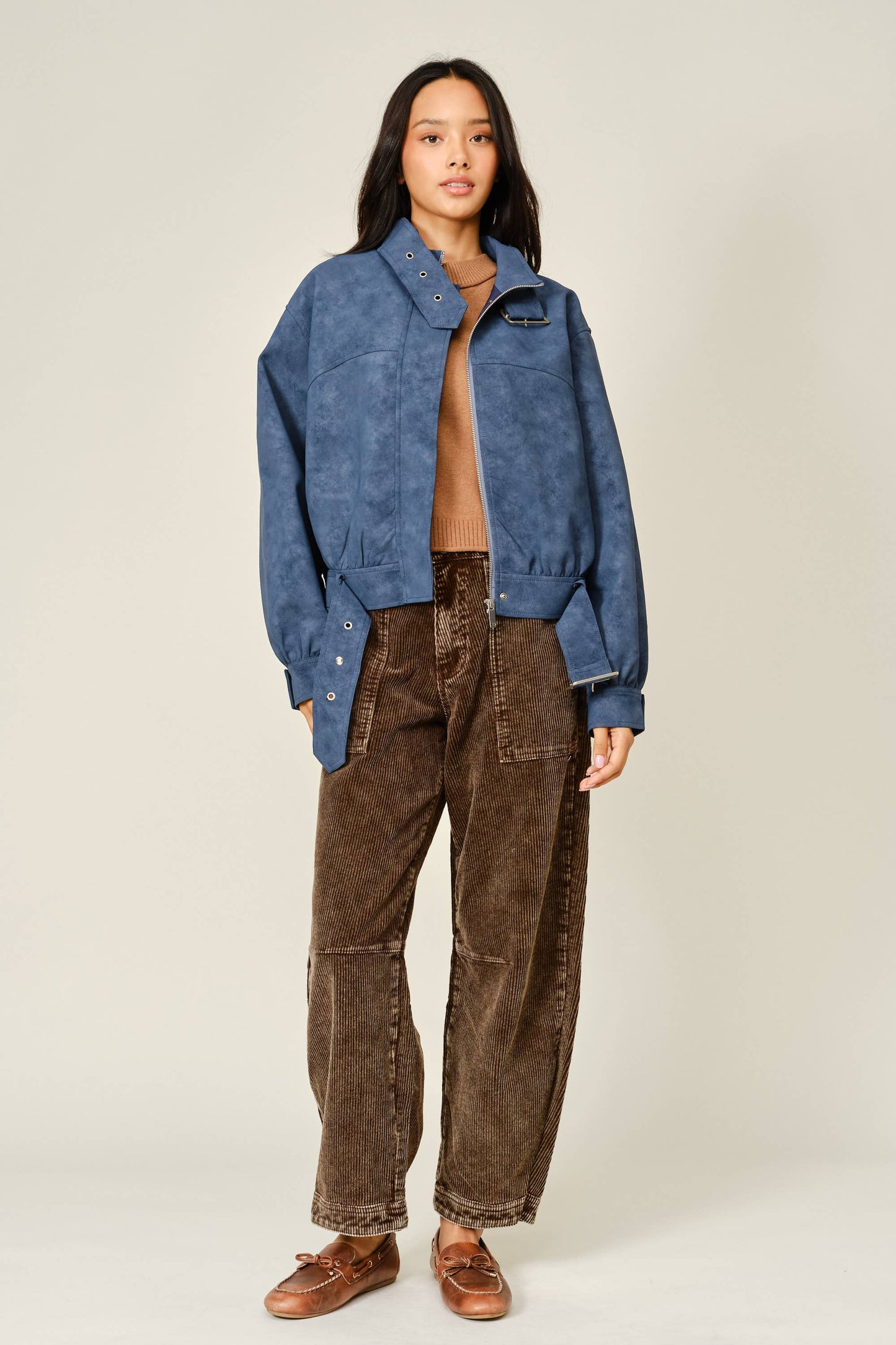 Vintage Vegan Leather Belted Bomber Jacket