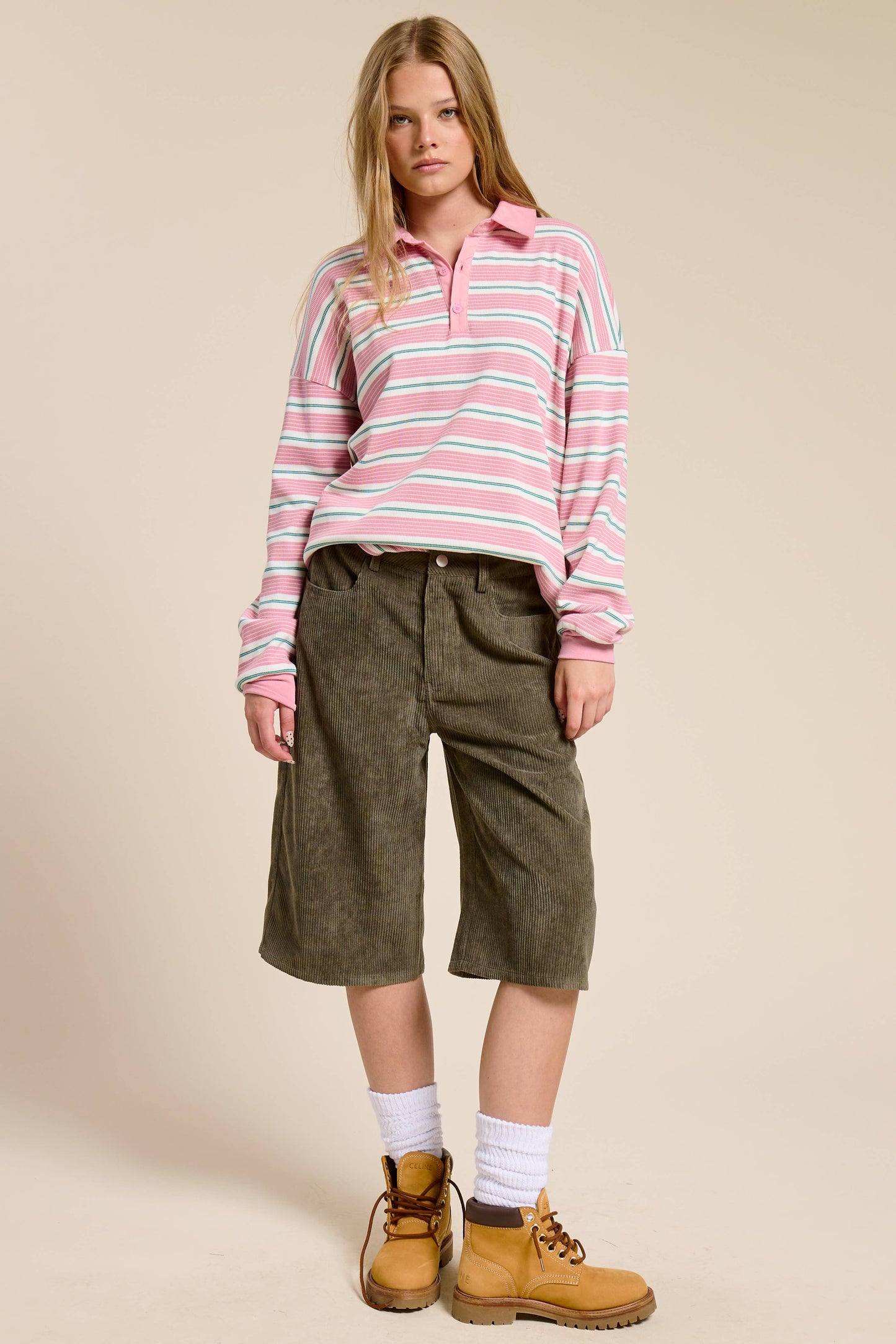 Multicolor Stripe Oversized Long Sleeve Polo Shirt