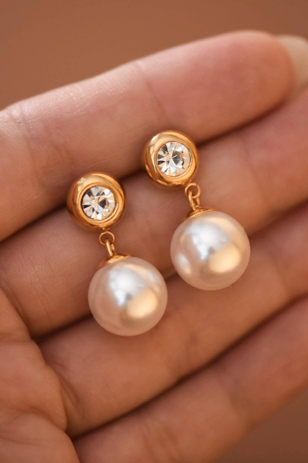 18K Gold Plated Waterproof Pearl and Diamond Drop Earrings