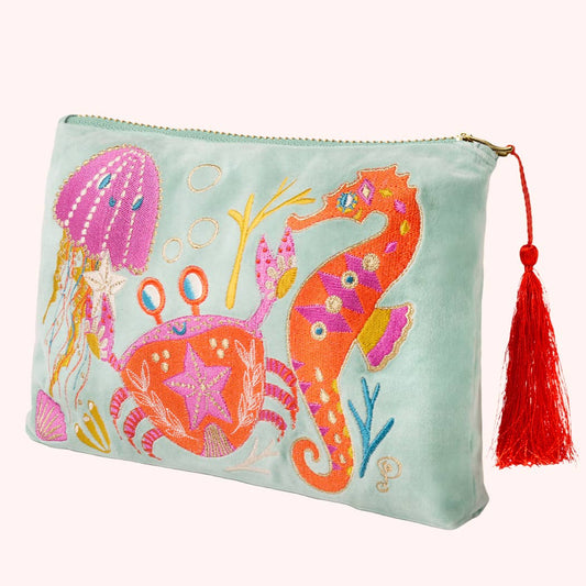 Velvet Zip Pouch - Seashore Friends - Aqua